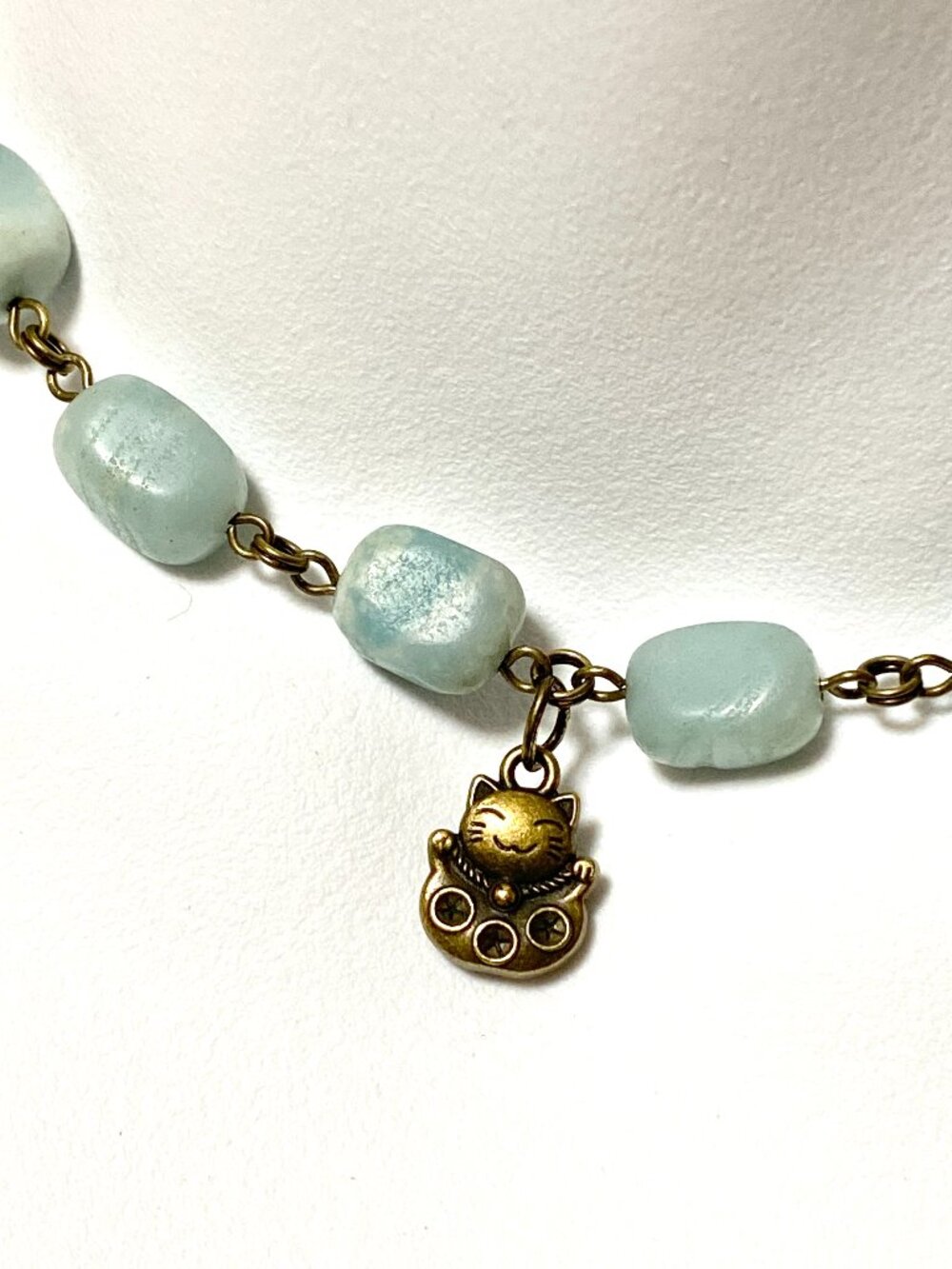 Light Teal Amazonite Short Necklace, Gemstone & Bronze Fortune Cat Pendant